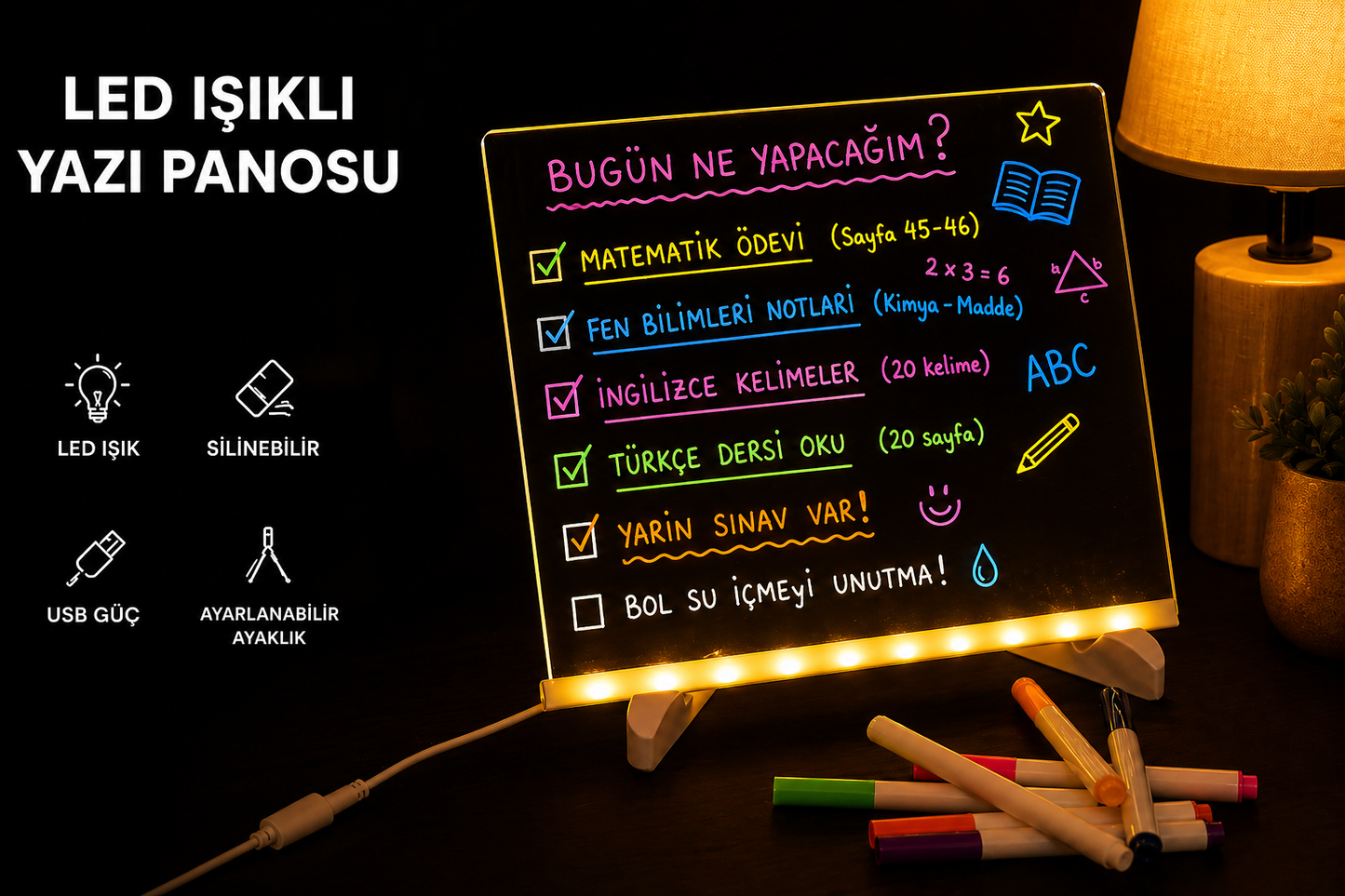 LED Çizim Tahtası | Silinebilir Işıklı Not & Dekor Panosu