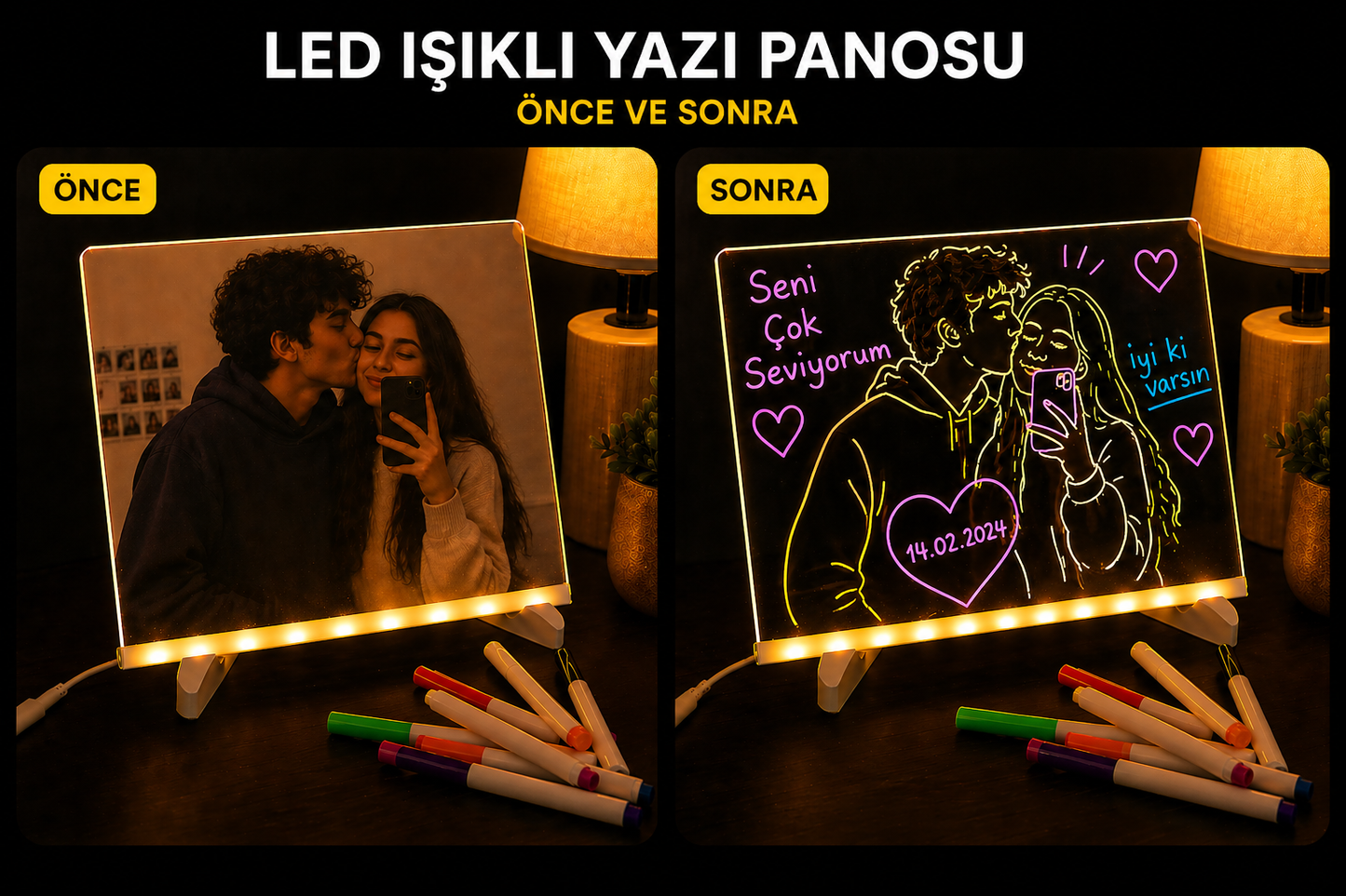 LED Çizim Tahtası | Silinebilir Işıklı Not & Dekor Panosu
